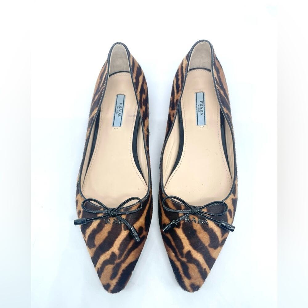 Prada Black Brown Leopard print calf hair Pointed toe ballet flats EU 37.5 - Picture 2 of 10